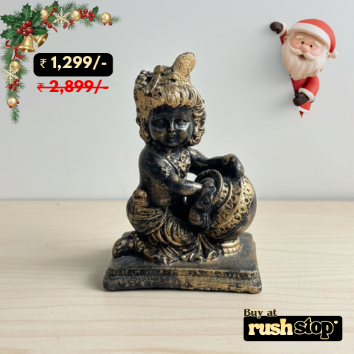 Handcrafted Bal Krishna Makhan Chor idol in antique gold polyresin for home decor