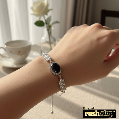 Black onyx crystal bolo bracelet with silver toned adjustable slider chain