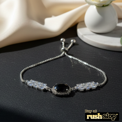 Black onyx crystal bolo bracelet with silver toned adjustable slider chain