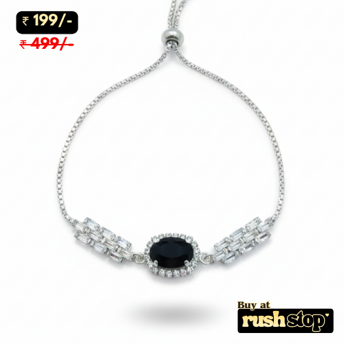 Black onyx crystal bolo bracelet with silver toned adjustable slider chain