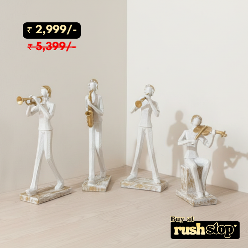Contemporary abstract jazz musician sculptures set with gold accents for modern luxury home decor