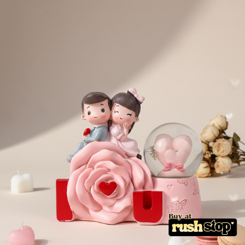 Couple Figurine on Pink Rose with Mini Crystal Ball