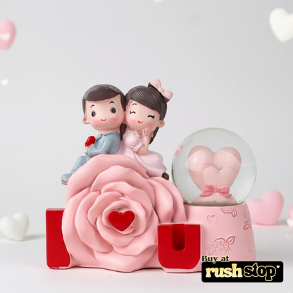 Couple Figurine on Pink Rose with Mini Crystal Ball