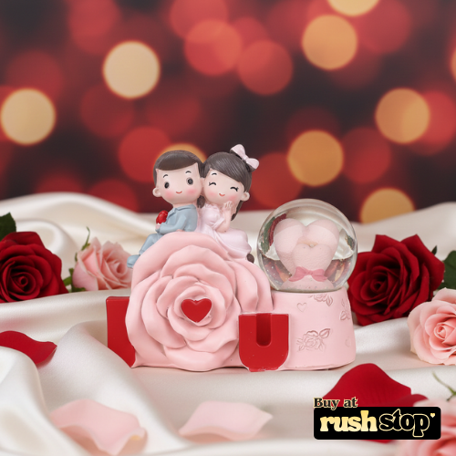 Couple Figurine on Pink Rose with Mini Crystal Ball
