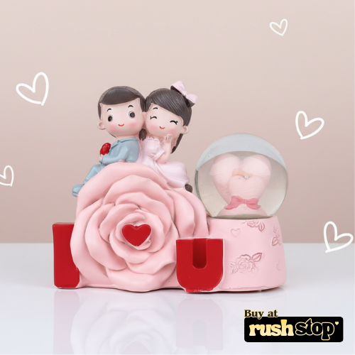 Couple Figurine on Pink Rose with Mini Crystal Ball