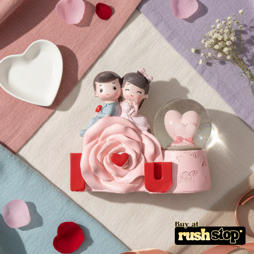 Couple Figurine on Pink Rose with Mini Crystal Ball