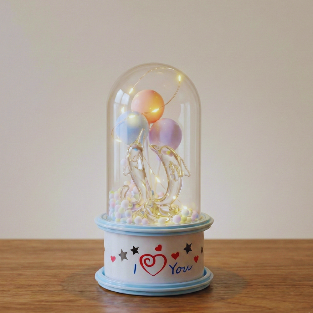 Decorative lamp with balloons and 'I love you' text under a glass dome on a wooden surface.