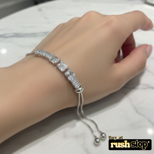 Elegant silver CZ baguette slider bracelet with adjustable clasp