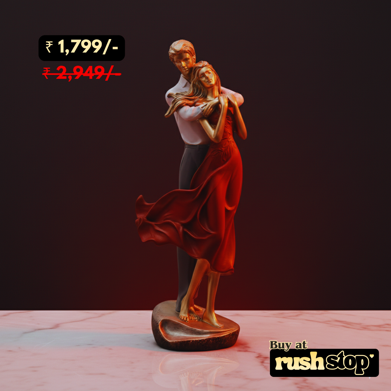 Elegant Man & Woman Embracing Statue with Red Dress & Gold Finish