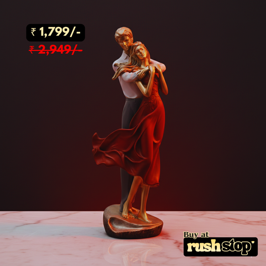 Elegant Man & Woman Embracing Statue with Red Dress & Gold Finish
