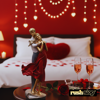 Elegant Man & Woman Embracing Statue with Red Dress & Gold Finish