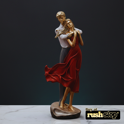 Elegant Man & Woman Embracing Statue with Red Dress & Gold Finish
