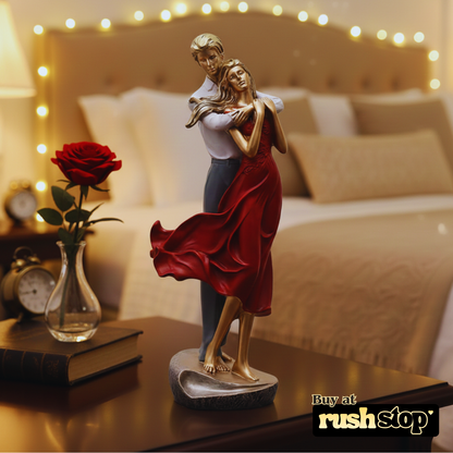 Elegant Man & Woman Embracing Statue with Red Dress & Gold Finish