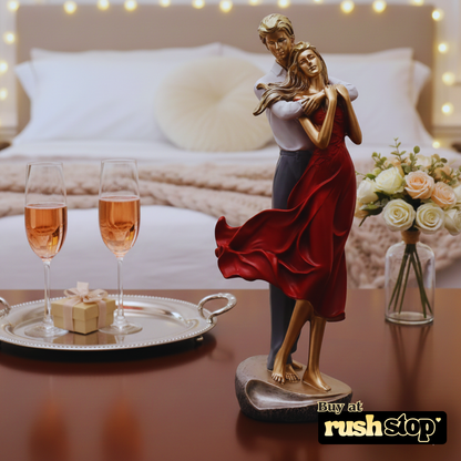 Elegant Man & Woman Embracing Statue with Red Dress & Gold Finish