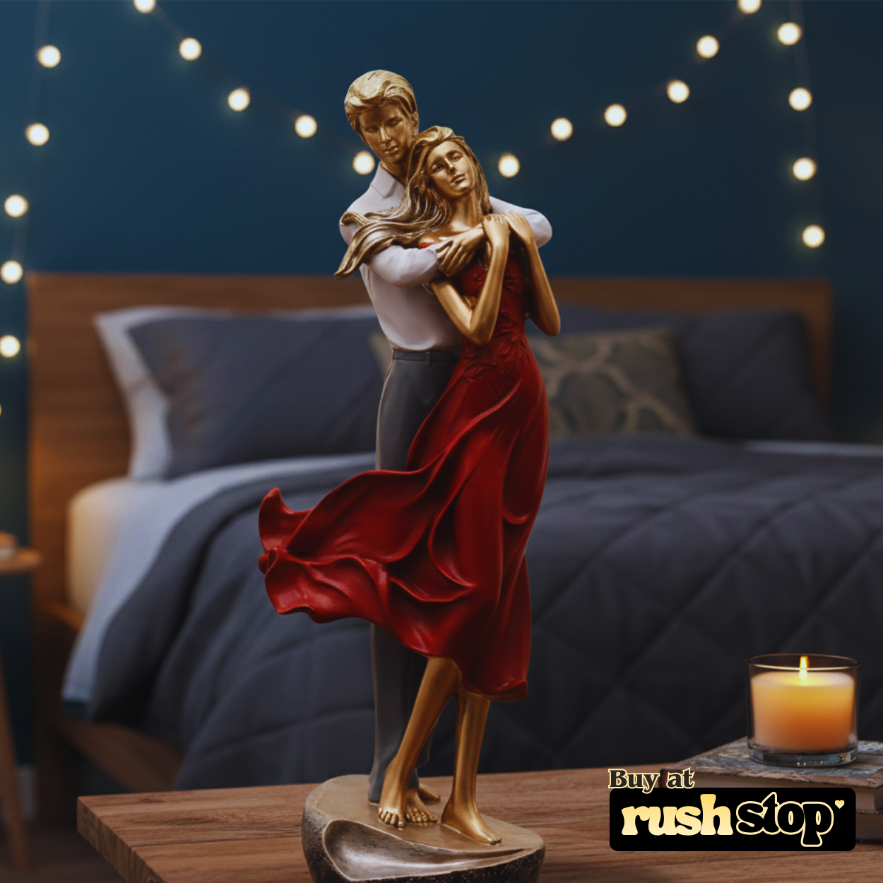 Elegant Man & Woman Embracing Statue with Red Dress & Gold Finish