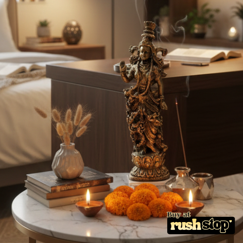 Goddess Radha idol placed in bedroom meditation corner for peaceful decor