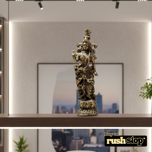 Antique bronze Goddess Radha idol placed in hallway entryway decor