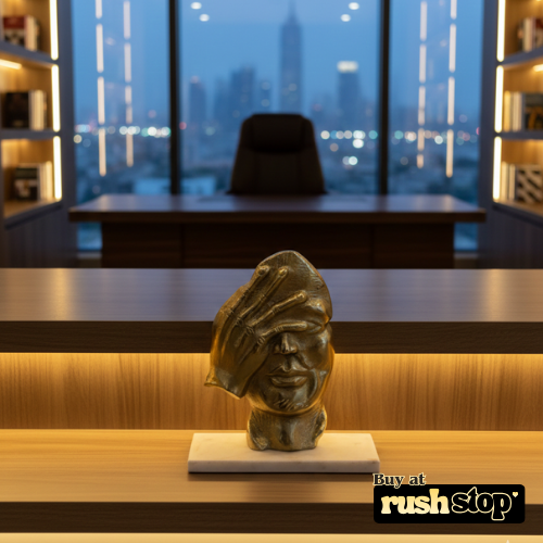 Golden polyresin thinker statue mounted on marble stone base