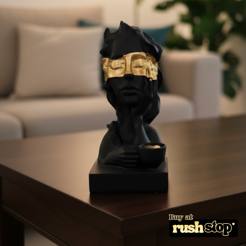 Handcrafted decorative bust statue set of three wise faces in matte black with gold accents for modern home decor