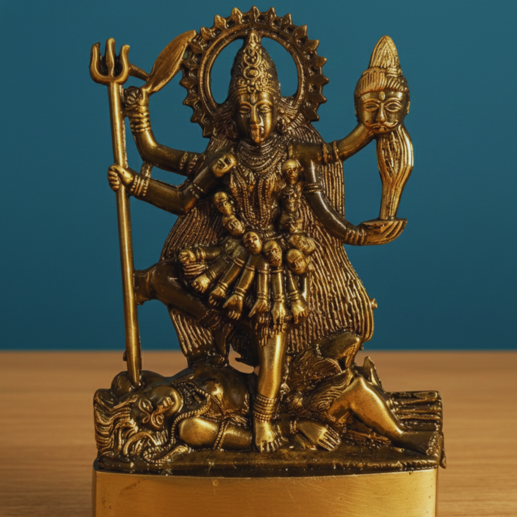 Bronze statue of a deity with multiple arms and a trident on a blue background