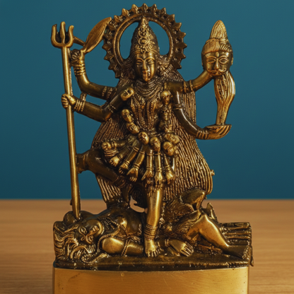 Bronze statue of a deity with multiple arms and a trident on a blue background