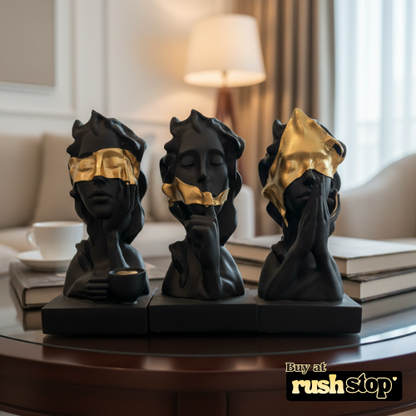 Handcrafted three wise faces bust statue set in matte black with gold accents for modern home decor