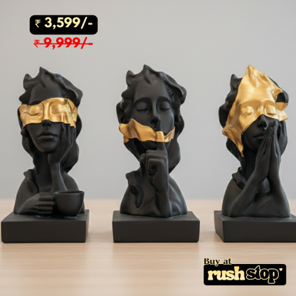 Handcrafted three wise faces bust statue set in matte black with gold accents for modern home decor
