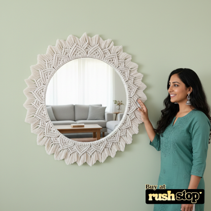 Handmade Boho Macrame Round Mirror – Wall Decor Accent