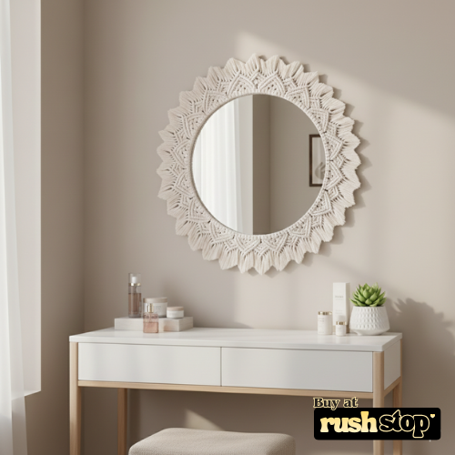 Handmade Boho Macrame Round Mirror – Wall Decor Accent