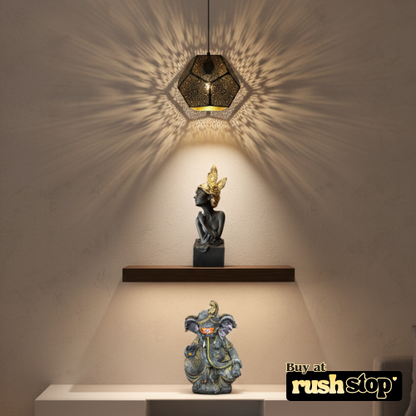 Home blessings decor set with Ganesha idol, Moroccan pendant lamp and fairy figurine