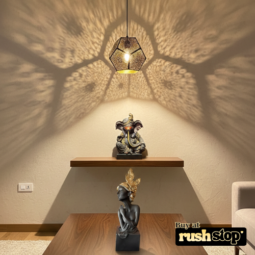 Home blessings decor set with Ganesha idol, Moroccan pendant lamp and fairy figurine