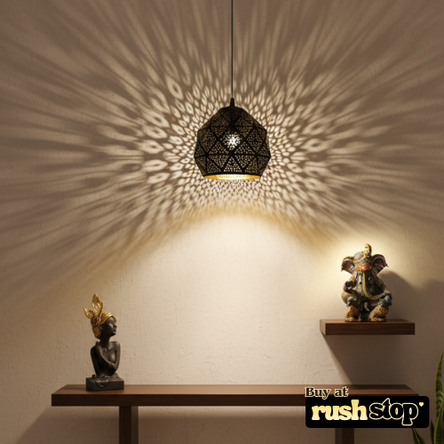 Home blessings decor set with Ganesha idol, Moroccan pendant lamp and fairy figurine