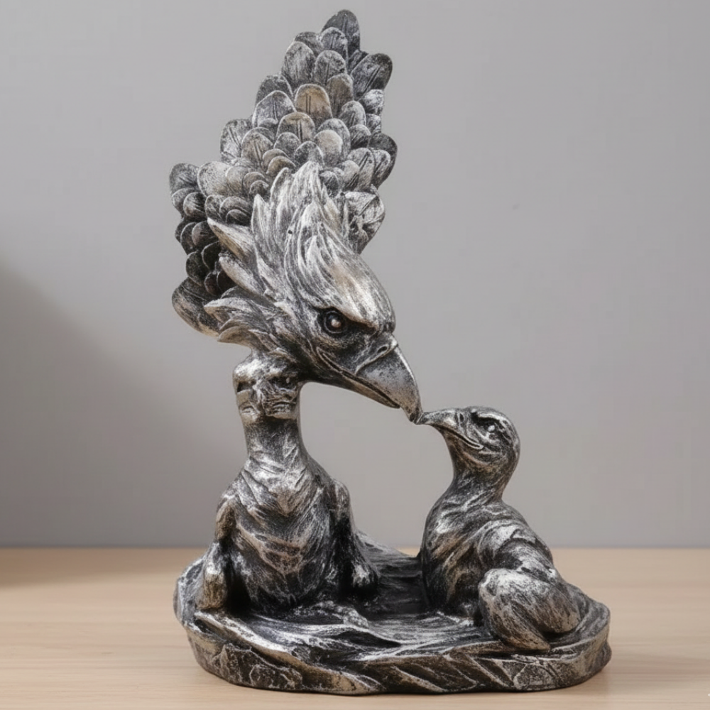 Statue of a large bird-like creature with a smaller creature on a neutral background