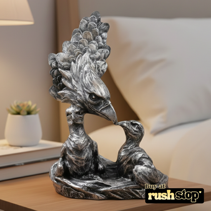 Imperial eagle with eaglet sculpture featuring spread wings and weathered silver finish