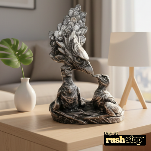 Imperial eagle with eaglet sculpture featuring spread wings and weathered silver finish