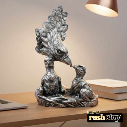 Imperial eagle with eaglet sculpture featuring spread wings and weathered silver finish
