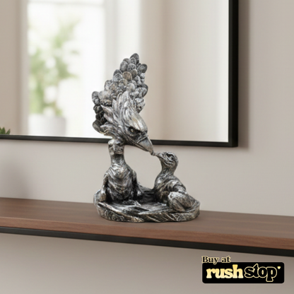 Imperial eagle with eaglet sculpture featuring spread wings and weathered silver finish