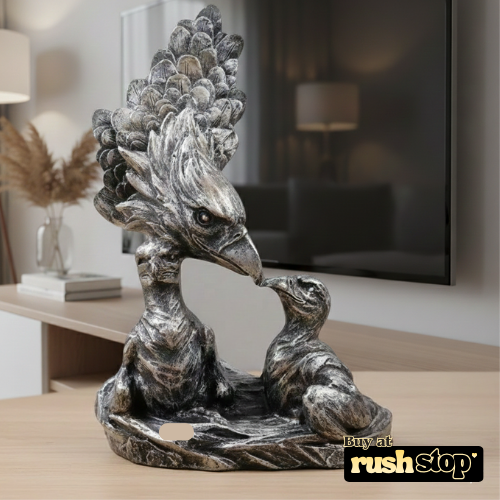 Imperial eagle with eaglet sculpture featuring spread wings and weathered silver finish