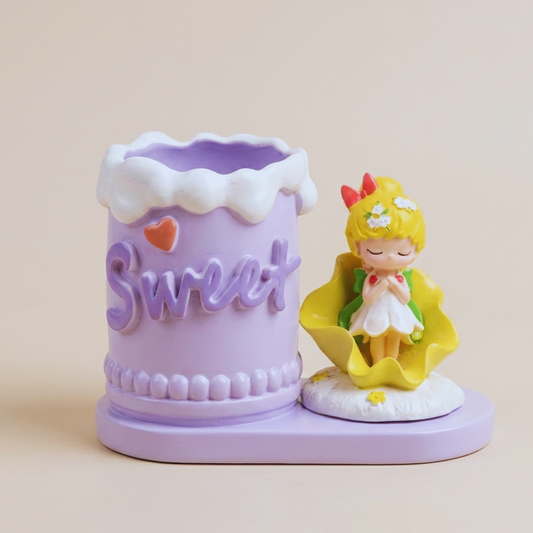 Purple decorative item with a small figurine on a beige background