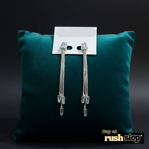 Long chain crystal drop earrings with cascading snake chains and clear baguette crystals by Veera