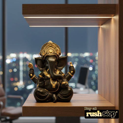 Lord Ganesha idol in matte black with antique gold hand painted details