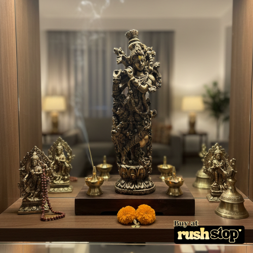 Handcrafted antique finish Lord Krishna idol in bronze polyresin for home decor