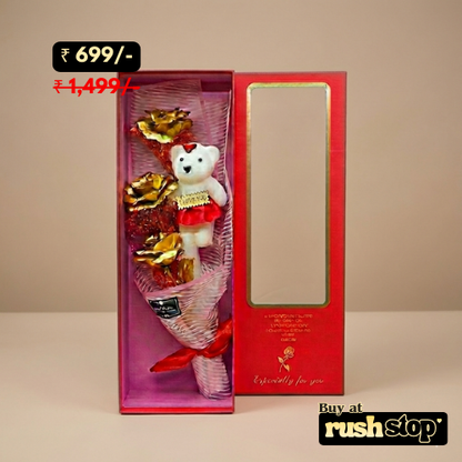 Metallic Gold Rose & Teddy Bear Bouquet Gift Box