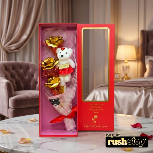 Metallic Gold Rose & Teddy Bear Bouquet Gift Box
