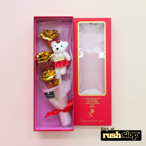 Metallic Gold Rose & Teddy Bear Bouquet Gift Box