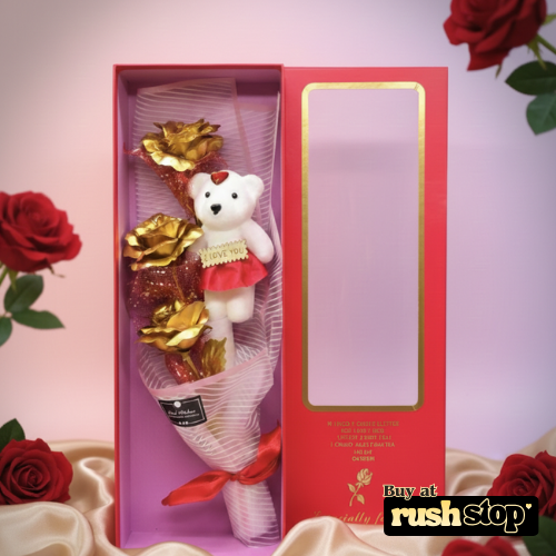 Metallic Gold Rose & Teddy Bear Bouquet Gift Box