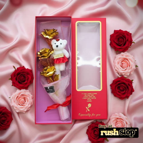 Metallic Gold Rose & Teddy Bear Bouquet Gift Box