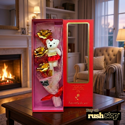 Metallic Gold Rose & Teddy Bear Bouquet Gift Box