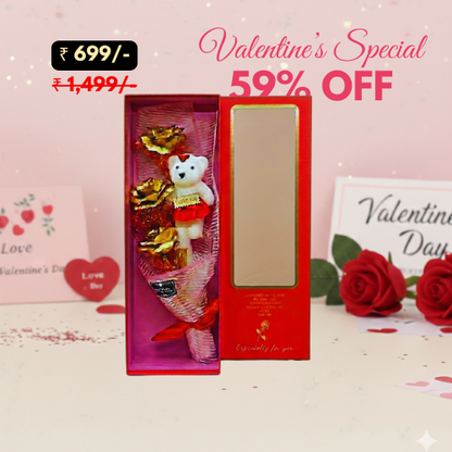 Metallic Gold Rose & Teddy Bear Bouquet Gift Box