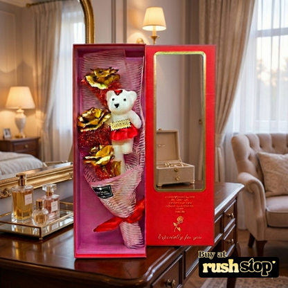 Metallic Gold Rose & Teddy Bear Bouquet Gift Box